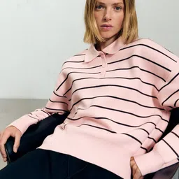 Bershka Women Striped Shirt Collar Longline Cardigan-image-26