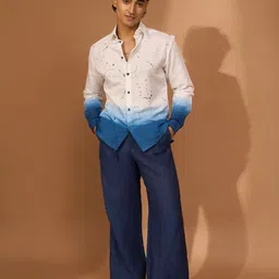 VIVEK KARUNAKARAN Men Spread Collar Dyed Cotton Linen Slim Fit Casual Shirt-picture-10