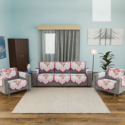 Aura White & Pink Cotton Sofa Cover With Arms-picture-0