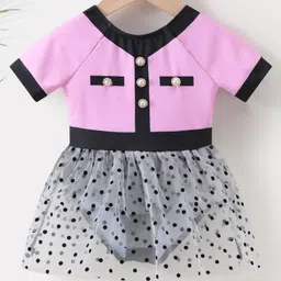 Kookie Kids Half Sleeves Frock Swimsuit Dots Print - Pink-image-98