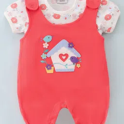 Wonderchild Half Sleeves Birds Printed Tee With Romper - Cheery Red-image-13