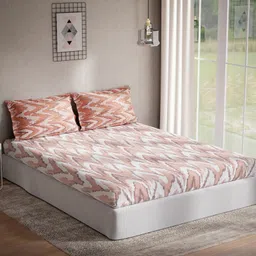 d'decor DDecor Orange White 144 TC Cotton Queen Bedsheet with 2 Pillow Covers image 1