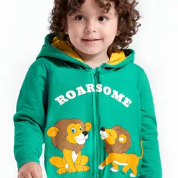 Babyhug Cotton Knit Full Sleeves Lion Printed Hooded Sweat Jacket - Sea Green image 1