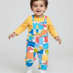 Babyhug Single Jersey Knit Dungaree and Full Sleeves Striped T-Shirt Set Dino Print - Yellow & Blue-picture-19