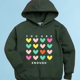 NUSYL Fleece Full Sleeves Hearts & You Are Enough Text Printed Hoodie - Olive Green-picture-33