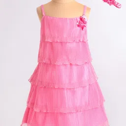 Enfance Sleeveless Floral Applique Layered Dress With Headband - Pink-picture-25