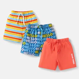 Babyhug Cotton Single Jersey Knit Mid Thigh Shorts with Text Print & Stripes Pack of 3 - Orange Yellow & Blue-picture-13