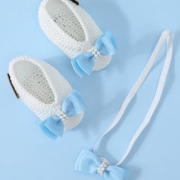 Funkrafts Handmade Crochet Bow Applique Detailed & Pearl Embellished Booties & Headband Set - White & Blue-picture-47