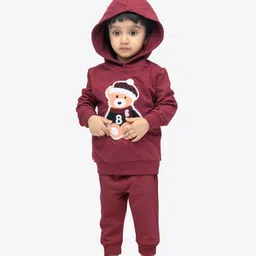 Ariel Pure Cotton Knit Full Sleeves Bear Patch Detailed Light Winter Hooded Sweatshirt & Joggers Set - Maroon-picture-24