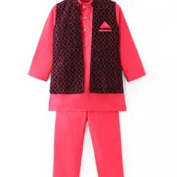 Ridokidz Full Sleeves Solid Kurta & Pyjama With Ethnic Motif Embroidered Jacket Set - Pink & Black-image-3