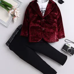 Fourfolds Velvet Woven Full Sleeves Hope Text Printed Tee & Pant With Foil Striped Blazer Set - Red-picture-19
