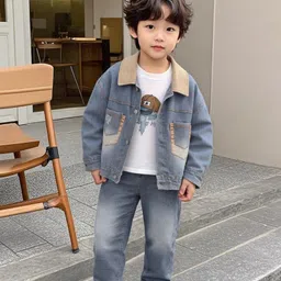 Googo Gaaga Cotton Denim Cap Printed Tee & Jeans With Full Sleeves Mild Wash Jacket Set - Blue & Grey-picture-19