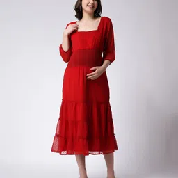 Moms Maternity Three Fourth Sleeves Flared & Tiered Butta Maxi Maternity Dress - Red image 3