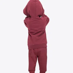 Ariel Pure Cotton Knit Full Sleeves Bear Patch Detailed Light Winter Hooded Sweatshirt & Joggers Set - Maroon image 3