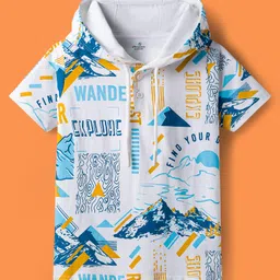 OLLINGTON ST. 100% Cotton Knit Half Sleeves Text Printed Hooded T-Shirt & Joggers Set -Blue & White image 2