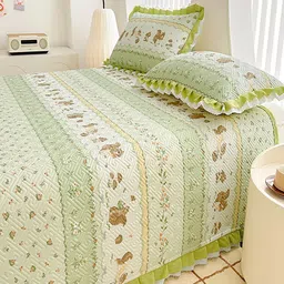 JC HOME Green & White Printed Cotton Double King Bed & Pillow Cover image 5
