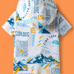 OLLINGTON ST. 100% Cotton Knit Half Sleeves Text Printed Hooded T-Shirt & Joggers Set -Blue & White image 3