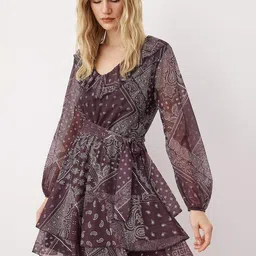 Trendyol Women Paisley Printed Puff Sleeve Layered Belted A-Line Dress-picture-33