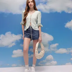 CORSICA Striped Puff Sleeve Peplum Crop Top image 4