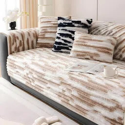 DREAM CARE Beige & Cream-Coloured Striped Polyester 3 Piece Sofa Cover With Arms image 3