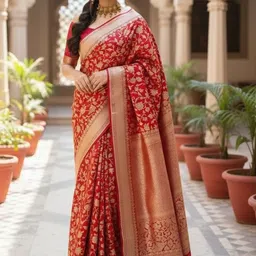 Bindi Fashion Floral Zari Silk Blend Handloom Banarasi Saree-image-2