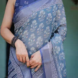 MAHARANI COUTURE Floral Printed Pure Linen Banarasi Saree image 5