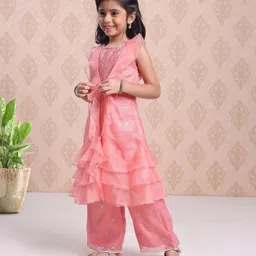 Babyhug Sleeveless Sequinned Kurti With Attached Jacket Style Duptta & Sharara - Light Pink-picture-25