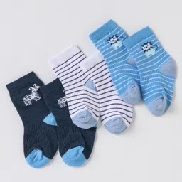Cute Walk By Babyhug Non Terry Cotton Knit Ankle Length Anti Bacterial Socks Stripes & Zebra Design Pack of 3 - Blue & White-picture-16