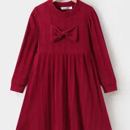 Kookie Kids Full Sleeves Solid Colour Party Frock with Bow Applique - Red-picture-31