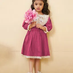 Tiny Twills Linen Full Sleeves Floral & Butterfly Embroidered Fit & Flared Dress - Berry Pink-picture-17