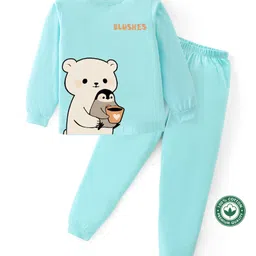 BLUSHES 100% Cotton Knit Full Sleeves Polar Bear & Penguin Printed Night Suit - Sea Green-picture-23