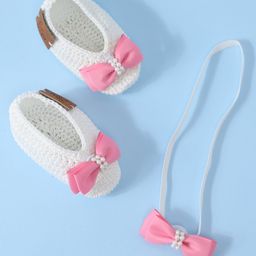 Funkrafts Handmade Crochet Bow Applique Detailed & Pearl Embellished Booties & Headband Set - White & Pink-picture-17