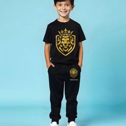 Trampoline Cotton Blend Half Sleeves Lion Printed Tee With Track Pants Set - Black-picture-4