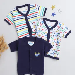 BUMZEE Cotton Knit Half Sleeves Jhablas with Stripes & Cars Print Pack of 3 - Blue-picture-29