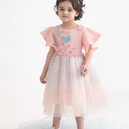 A Little Fable Half Sleeves Frill Detailed Floral & Butterfly Applique Detailed Stars Foil Printed Dress - Multi Colour image 1