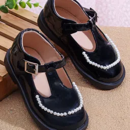 Babyoye Velcro Closure Solid Coloured Ballerina With Pearl Detailing - Black-image-83