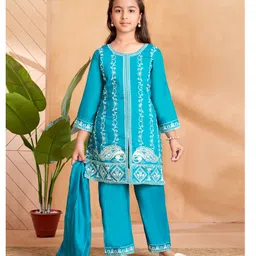Aarika Silk Woven Three Fourth Sleeves Sequin Embellished & Floral Embroidered Kurta With Pant & Dupatta Set - Turquoise-picture-11