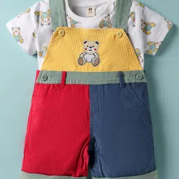ToffyHouse Corduroy Woven Half Sleeves T-Shirt & Dungaree With Teddy Embroidery & Print - White Blue & Red-picture-31