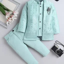 Fourfolds Jacquard Woven Full Sleeves Floral Embroidered Sequins Embellished Sherwani With Pant & Jacket Set - Light Blue-picture-18