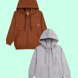 Kiddopanti Fleece Knit Pack Of 2 Full Sleeves Brand Logo Printed Light Winter Hooded Sweatshirts - Brown & Grey Melange-image-2