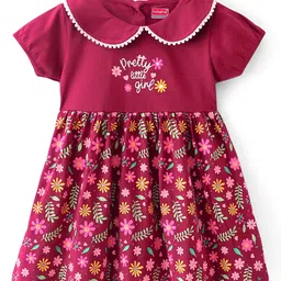 Babyhug 100% Cotton Jersey Knit Half Sleeves Frock With Bloomer Floral Print - Red image 2