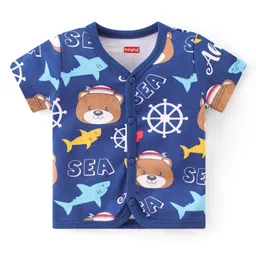 Babyhug 100% Cotton Antibacterial Half Sleeves Front Open Vest Stripes & Bear Print Pack of 3 - Blue Red & White image 2