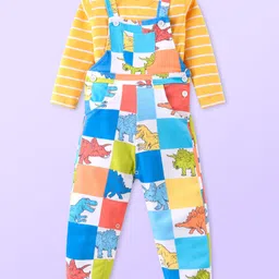 Babyhug Single Jersey Knit Dungaree and Full Sleeves Striped T-Shirt Set Dino Print - Yellow & Blue image 2
