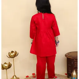 AJ Dezines Cotton Woven Three Fourth Sleeves Ethnic Embroidered Placket Gota Lace Embellished Kurti Pyjama Set - Red image 3