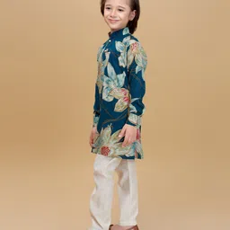 Ministitch Cotton Rayon Woven Full Sleeves Floral Printed Kurta Pant Set - Teal image 4