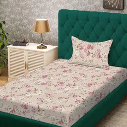 KLOTTHE Beige Floral 300 TC Cotton Blend Fitted Single Bedsheet with Pillow Cover-picture-27