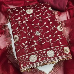 HERE&NOW Floral Embroidered Sequinned Net Unstitched Dress Material image 3