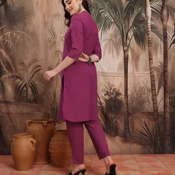 Sangria Band Collar Pure Cotton Lace Insert Detail Kurta with Trousers image 4
