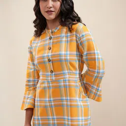 Tokyo Talkies Printed Checked Tie-up Bell Sleeve Shirt Dress with pockets-image-43
