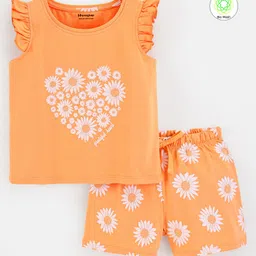 Honeyhap Premium 100% Cotton Floral Printed Sleeveless Shorts Sets with Bio Finish - Buff Orange-picture-14